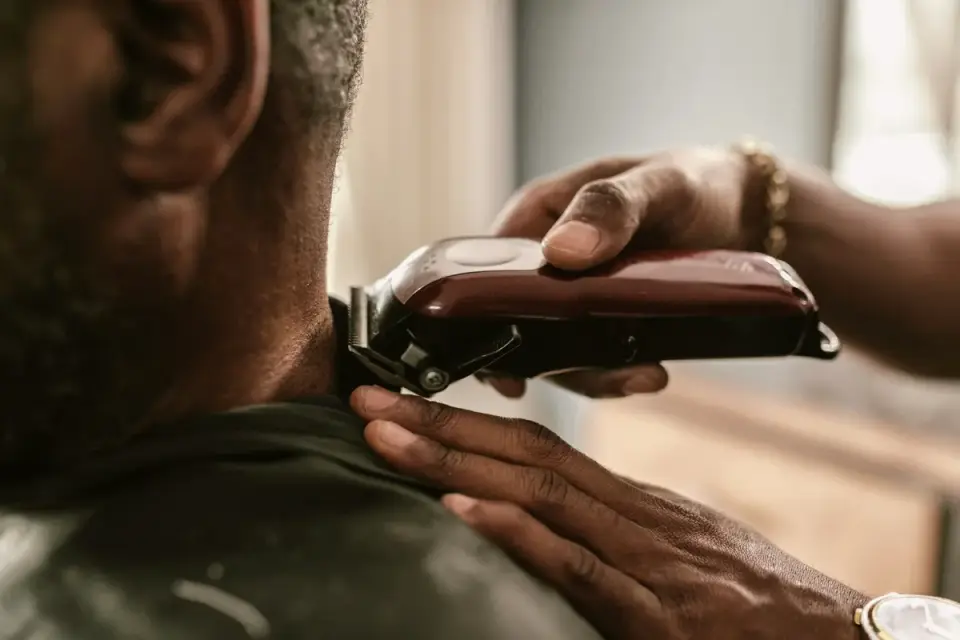 A groomer carefully using clippers near a dog&#x27;s ear to remove a tight mat