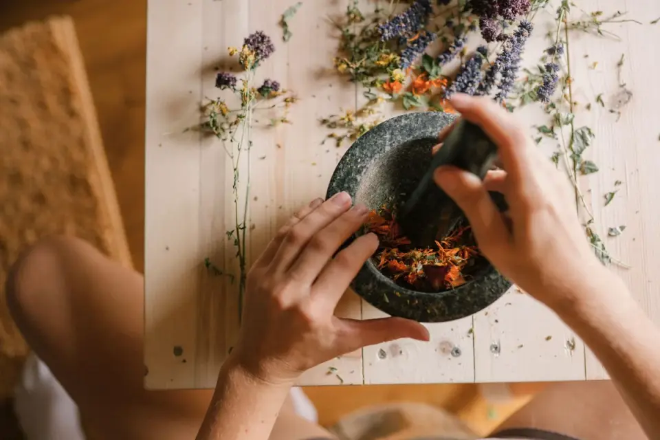 A mortar and pestle grinding a dog supplement chew into powder on a kitchen counter
