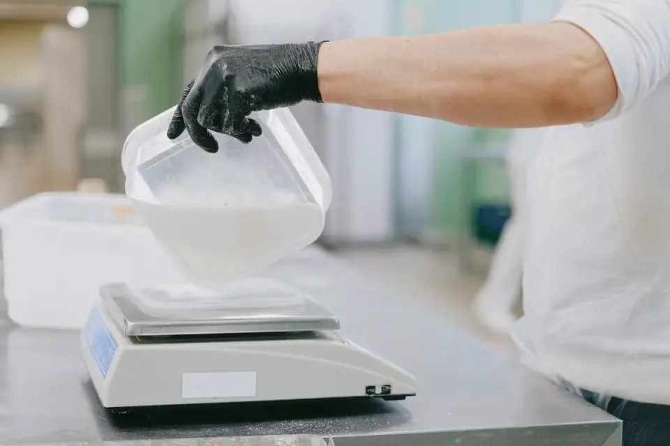 An owner using a small scoop to measure crushed supplement powder into a dog&#x27;s food bowl