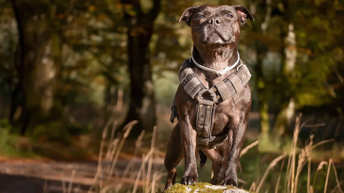 Dog wearing harness outdoors